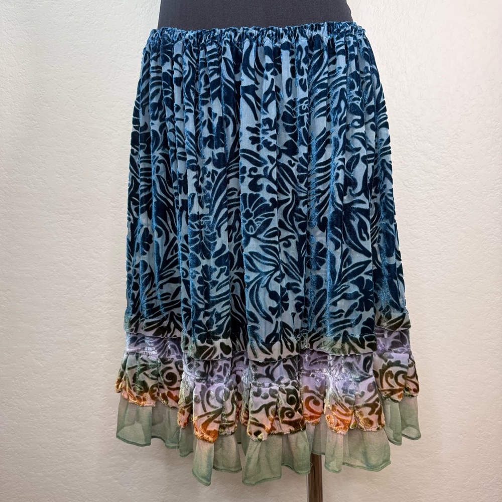Navajo Velvet Semi Sheer Floral Ombre Crushed Velvet Tiered Prairie Skirt O/S